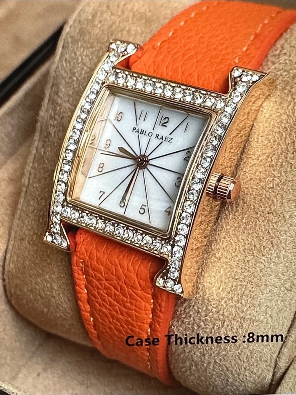 Women's Orange Leather Crystal-Trim Watch